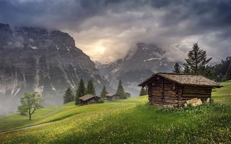 배경 화면 나무 경치 산들 언덕 자연 잔디 하늘 구름 아침 안개 골짜기 스위스 오두막 황야 알프스