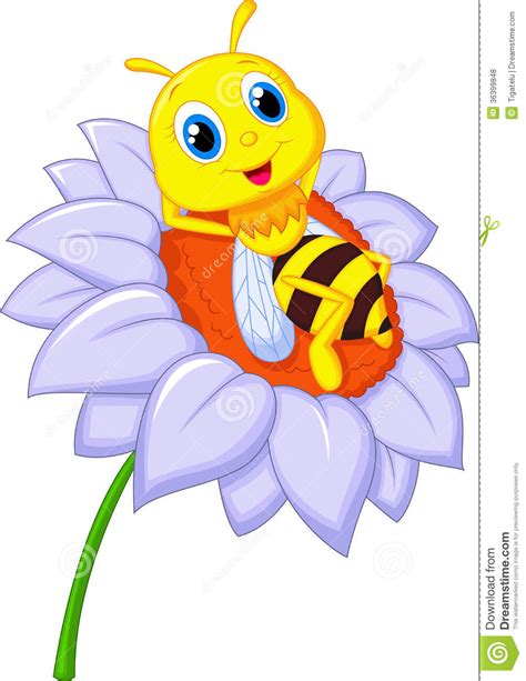 Little Bee Cartoon Resting On The Big Flower Royalty Free