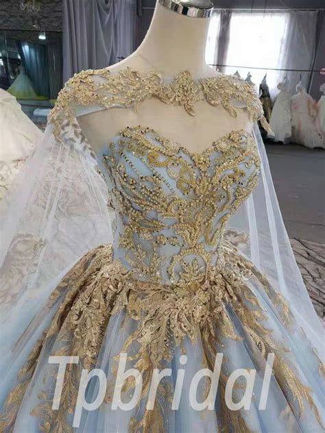 Light Blue Wedding Dress Gold Lace Ball Gown Long Train With Cape