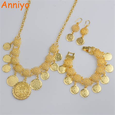 Anniyo New Arab Coin Jewelry Sets Gold Color Necklace And 20cm Bracelet