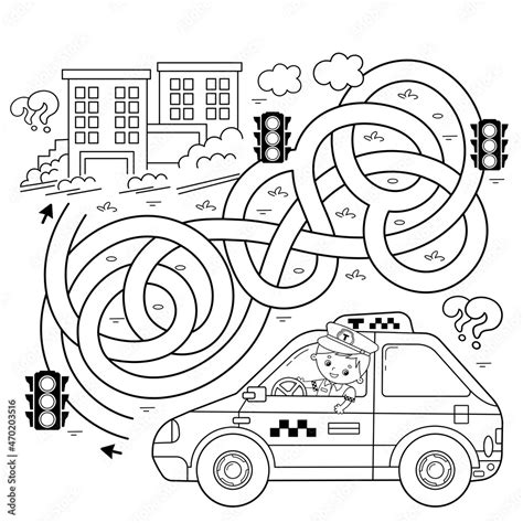 maze or labyrinth game puzzle tangled road coloring page outline of cartoon taxi driver with