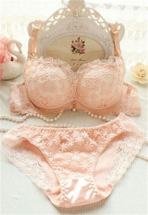 Underwear Pink Flowers Bra Set Lace Trim Frilly Wheretoget