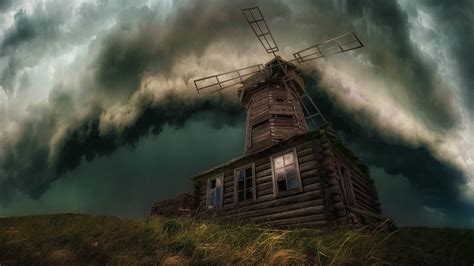 Windmill Under Cloudy Thunderstorm Hd Travel Wallpapers Hd Wallpapers