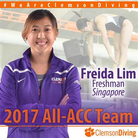 Her last result is the 15th place for the women's 10m platform. Freshman Diver Freida Lim Earns All-ACC Honors - Clemson Tigers Official Athletics Site