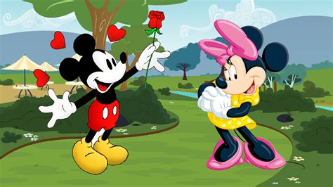 Mickey And Minnie Mouse Cartoon Red Rose For Minnie Love Couple