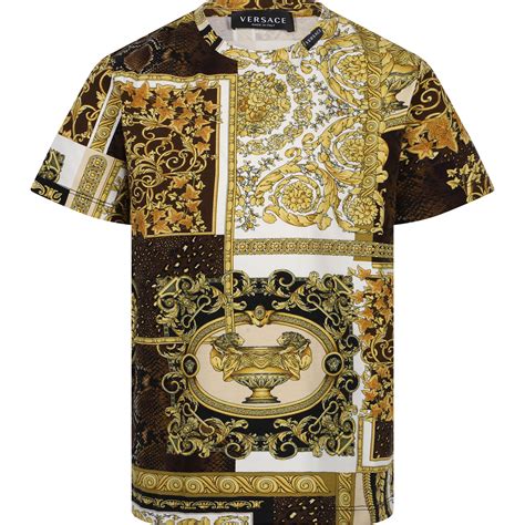 Versace Classic Baroque Print T Shirt In Golden Black And White