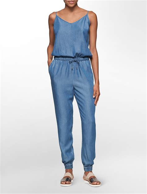 Calvin Klein White Label Denim Sleeveless Jumpsuit In Chambray Blue