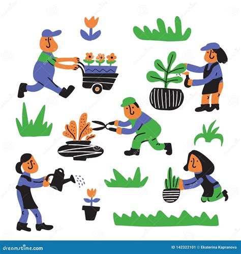 gardening service illustration of people working in the garden cartoon characters stock