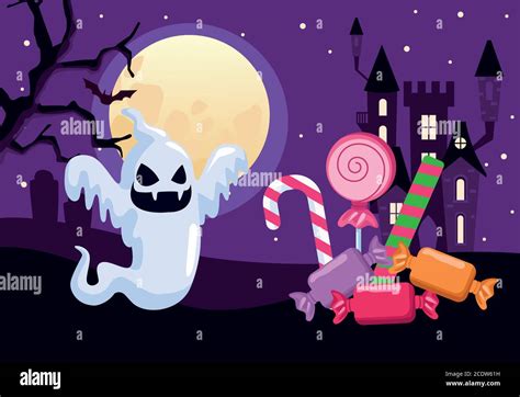 Halloween Ghost Cartoon With Candies Design Holiday And Scary Theme