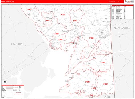 Cecil County Md Zip Code Wall Map Red Line Style By Marketmaps Mapsales