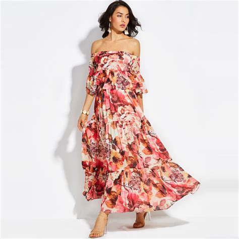 Summer Maxi Chiffon Dress Women Red Floral Sexy Off Shoulder Ruffles Dress Flare Sleeve Pleated