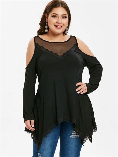 Wipalo Women Plus Size 5xl Mesh Panel Lace Brim T Shirt Long Sleeve