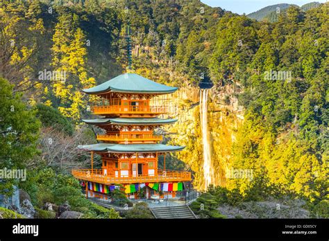 Three Story Pagoda With The Nachi Falls In Wakayama Prefecture Japan
