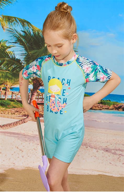 Kids Girls Print Zip Rash Guard Swimwear Upf 50 Short Sleeve Bathing