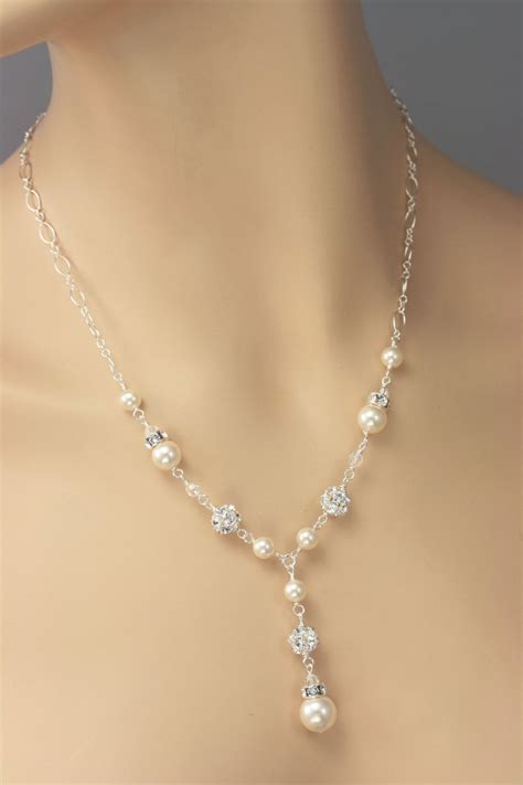 Pearl And Rhinestone Bridal Y Drop Necklace Wedding Necklace For Sweetheart Neckline Pearl
