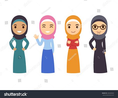 Muslim Women Set Cute Cartoon Arab Stock Vector 406046560