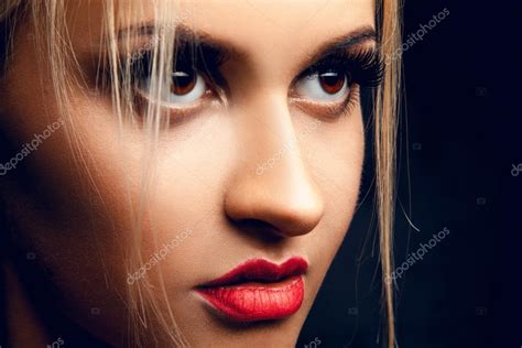 Close Up Portrait Of Gorgeous Blonde Girl Looking Away Brown Ey Stock