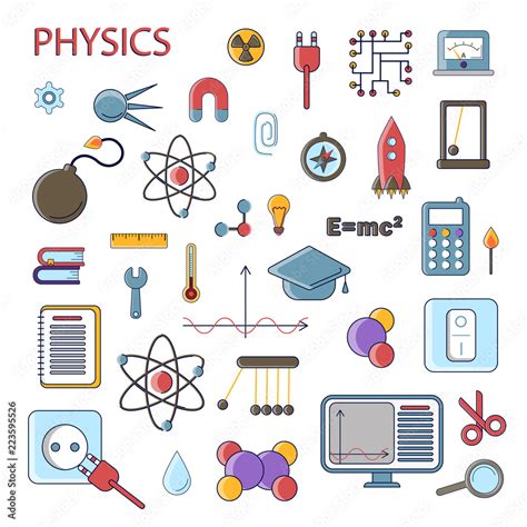 Set Of Scientific Physics Vector Flat Icons Physics Education Symbols