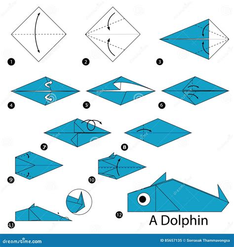 Instrucciones Paso A Paso Cómo Hacer Papiroflexia Un Delfín Ilustración