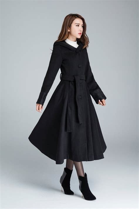 Vintage Hooded Swing Wool Coat Black Wool Winter Coat Long Etsy