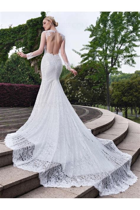 To make up for the extra hand fabric, a simple chain and tiny bracelets provide perfect complements to a long sleeve wedding gown. Long Sleeves Lace Open Back Mermaid Wedding Dresses Bridal ...