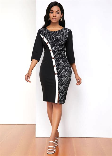 Rotita Contrast Stitch Lace Panel Inclined Button Dress Elegant