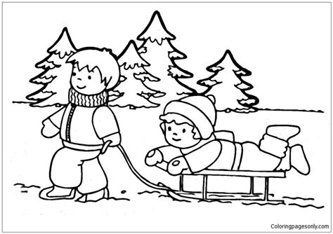 The Boy And Girl Playing Snow In The Winter Coloring Page Free