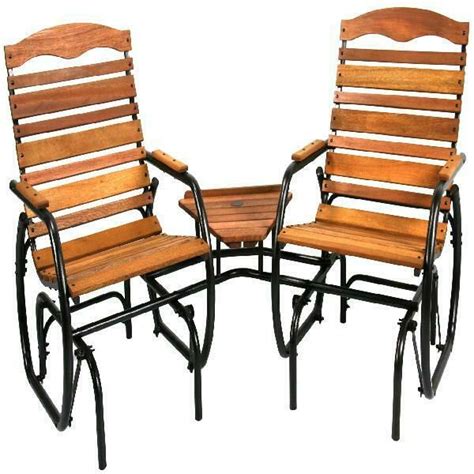 Outdoor Double Glider Chair Slatted Wood Love Seat W Table Patio Furniture New