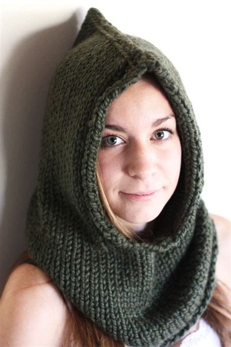 Knit Hooded Cowl Neck Warmer With Hood The Stark In Moss Neck