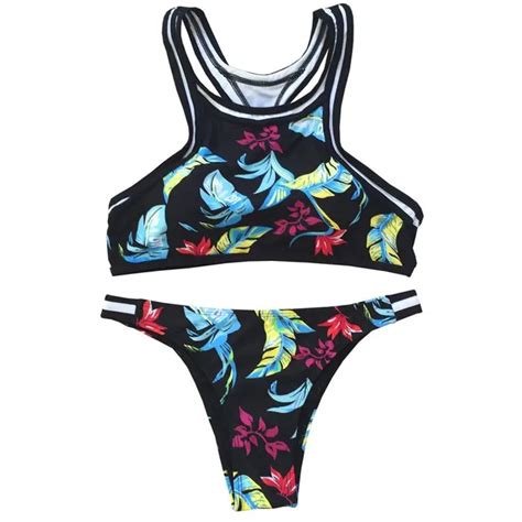 hycool flower print high neck bikini set black mesh sport swimsuit racerback thong bkini crop