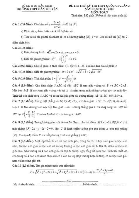 Đề thi thử THPT Quốc gia 2015 môn Toán trường Hàn Thuyên Bắc Ninh lần