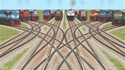 10 Trains Crossing On Curved Branched Bumpy Railroad Crossing Track