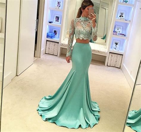 Stylish Mermaid Lace 2 Pieces Prom Dresses Long Sleeve Lace Evening