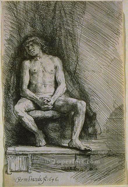 Study From The Nude Man Seated Before A Curtain Sil Rembrandt Painting