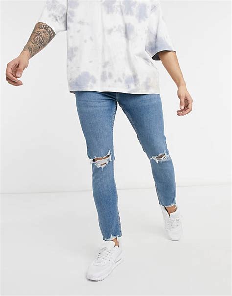 Bershka Super Skinny Fit Jeans With Rips In Mid Wash Blue Asos