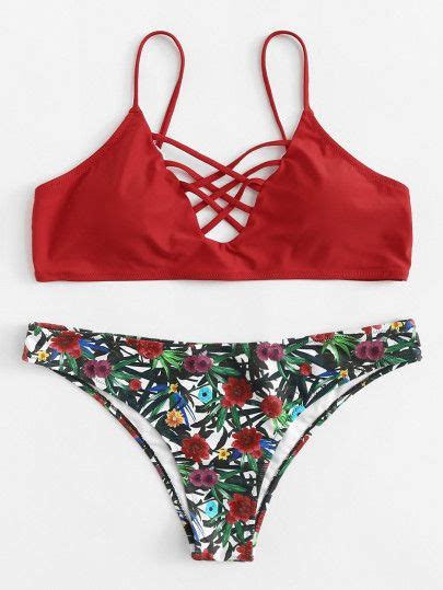 Plus Crisscross Front Mix And Match Bikini Set Sheinsheinside Bikini Set Printed Bikini Sets