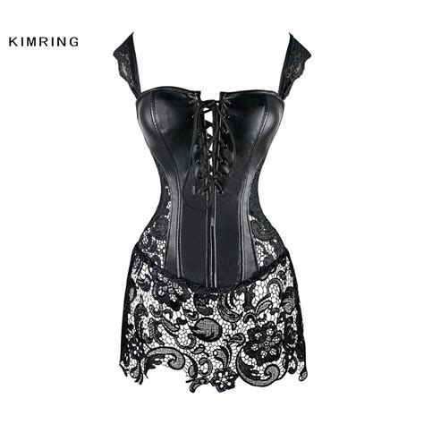 kimring sexy steampunk corsets dress halloween gothic faux leather black lace shaper bustiers