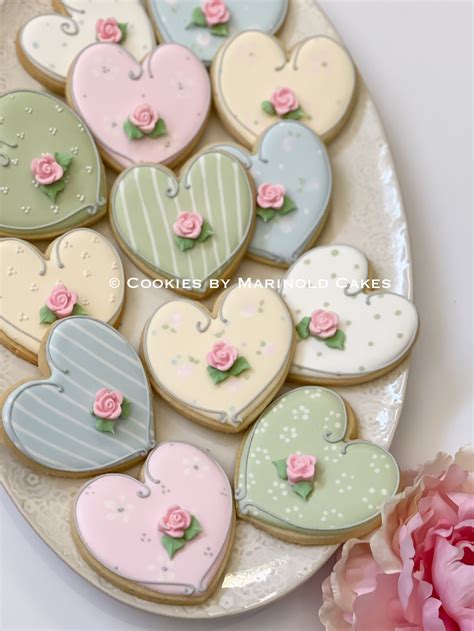 Large Shabby Chic Themed Heart Cookies With Rosebud Etsy