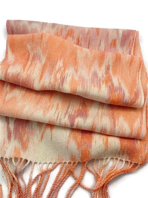 Hand Dyed Handwoven Fringed Tencel Scarf In Shades Of Cream Orange