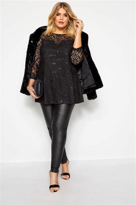Black Sequin Lace Swing Top Yours Clothing