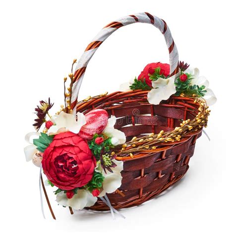 Festive Basket With A Flower Arrangement On White Background Stock
