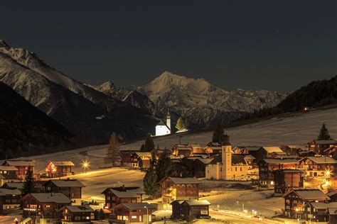Switzerland Houses Mountains Winter Snow Night