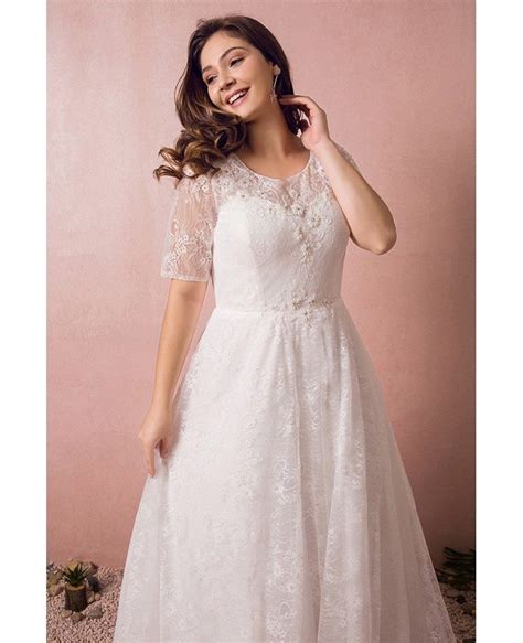 Modest Lace Short Sleeve Plus Size Wedding Dress With Beading For Cheap
