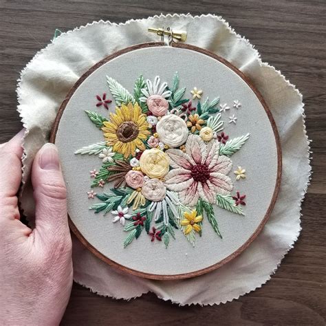 Diy Hand Embroidery Floral Harvest Kit With Pre Printed Fabric Hoop
