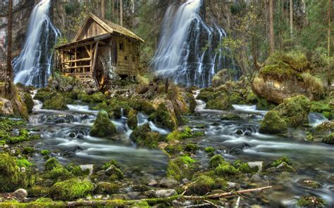 River Forest Waterfalls A Water Mill Stones Moss Nature Landscape Wallpapers Hd