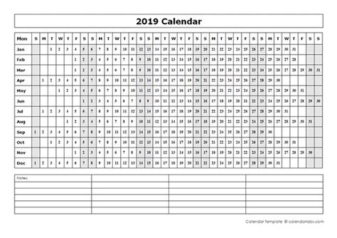 2019 Blank Year At A Glance Calendar Free Printable