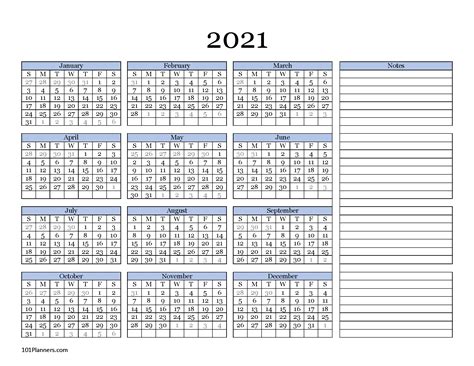 Yearly, monthly, landscape, portrait, two months on a page, and more. Free printable 2021 yearly calendar at a glance | 101 Backgrounds
