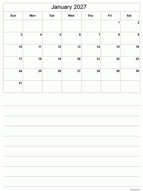 Printable January 2027 Calendar Free Printable Calendars
