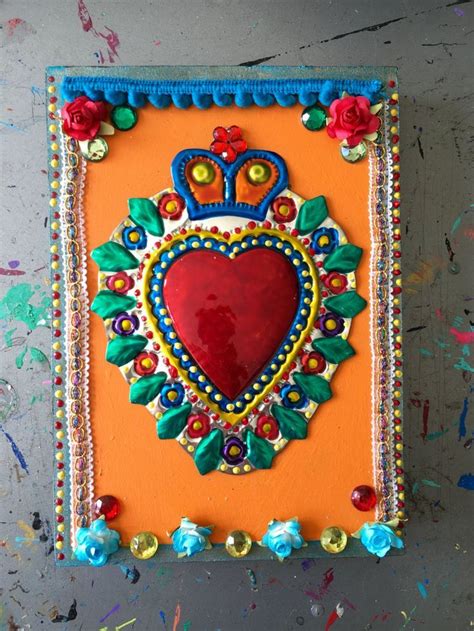 Mexican Tin Sacred Heart Tin Art Mexican Folk Art Sacred Heart Art