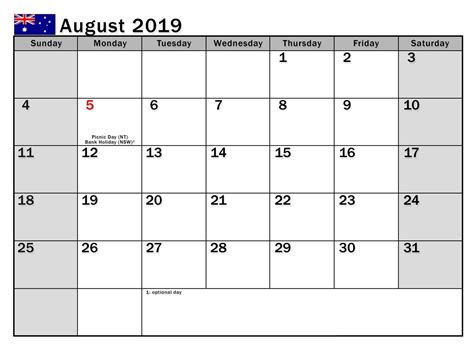Us federal holidays calendar providing a listing of the date, day and month of holidays. August 2019 Calendar Australia National Holidays ...